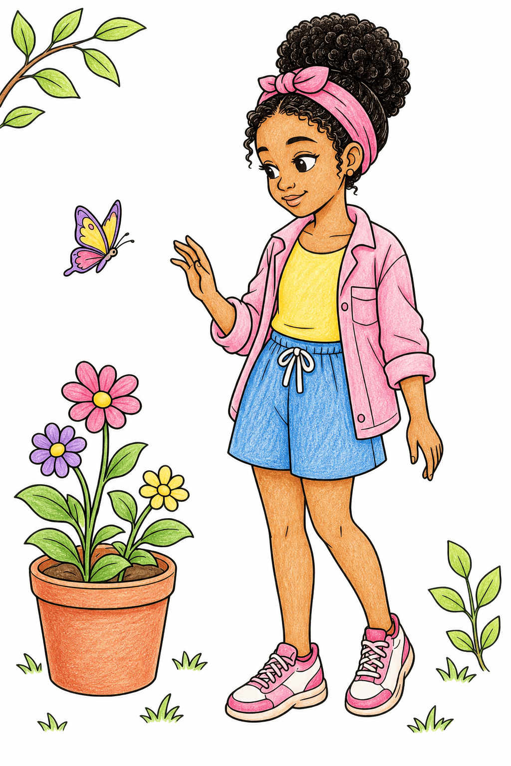 Black Girl with a Butterfly and Potted Flowers colored-pencil colorized preview