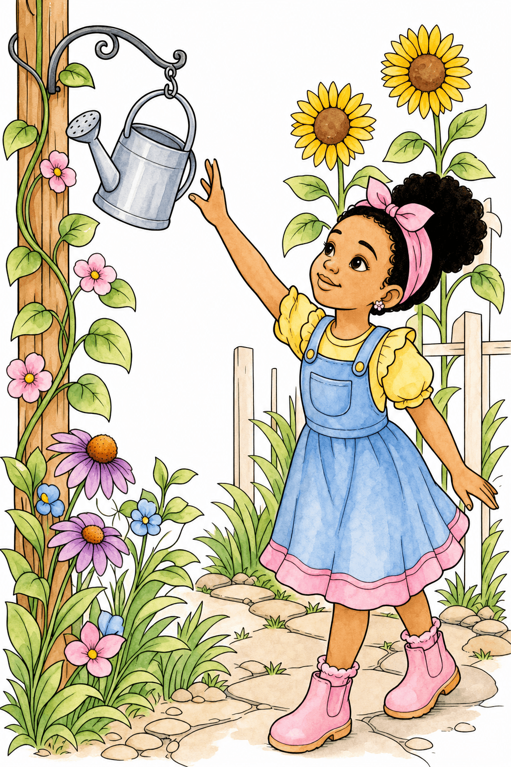 Girl Reaching for a Watering Can in the Garden watercolor colorized preview