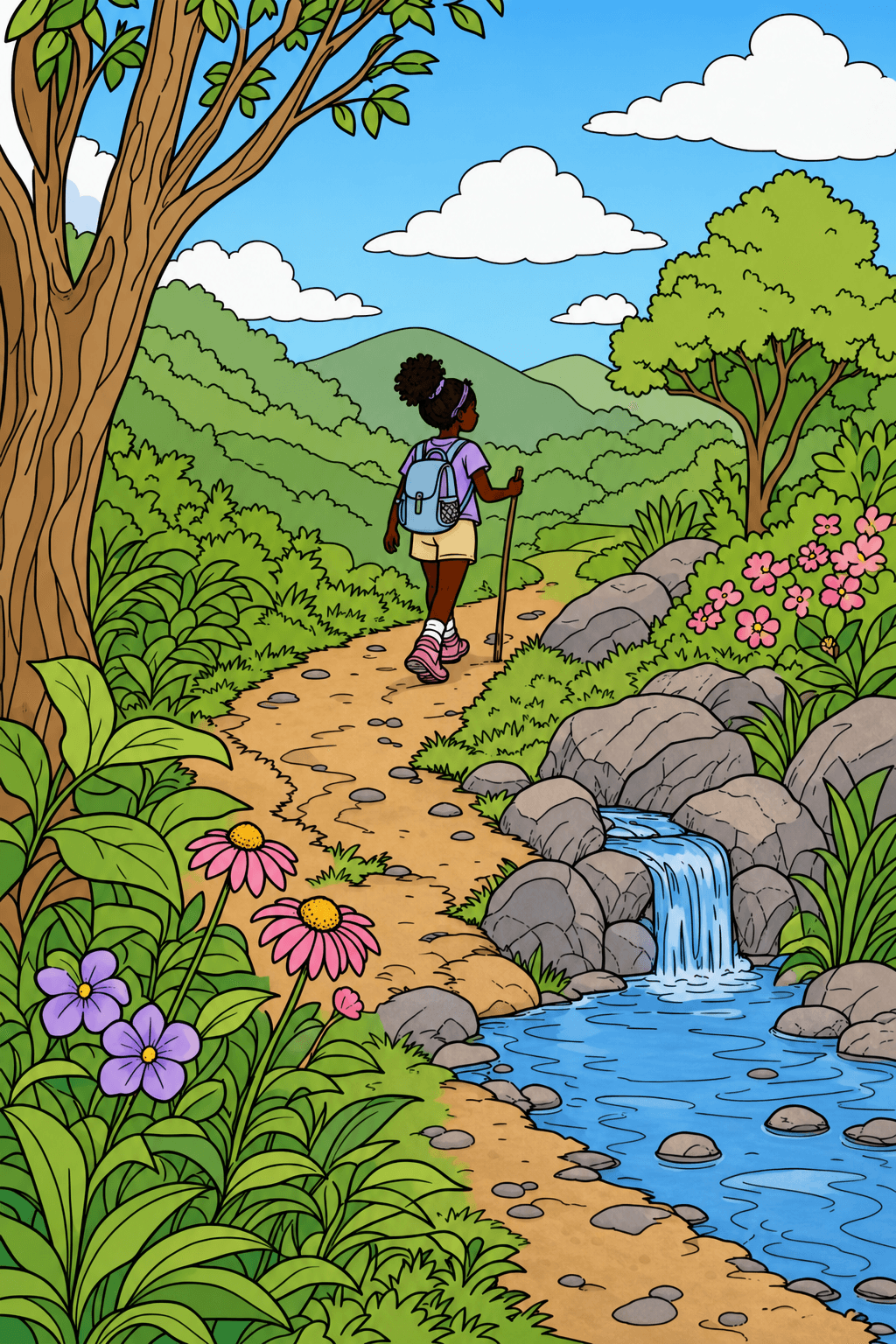 Girl Hiking Along a Streamside Trail clean-digital colorized preview