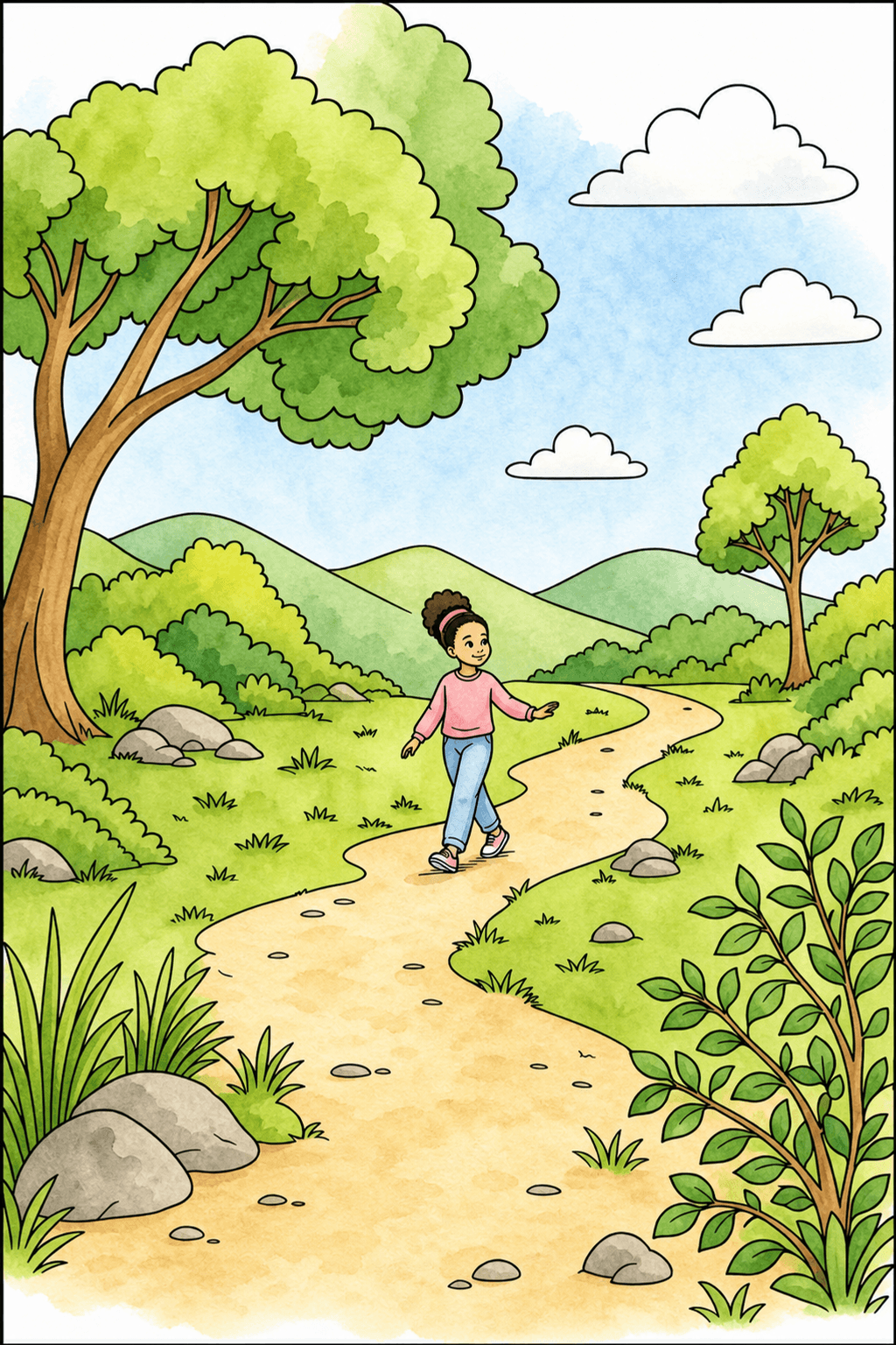 Girl Walking Along a Winding Nature Path watercolor colorized preview