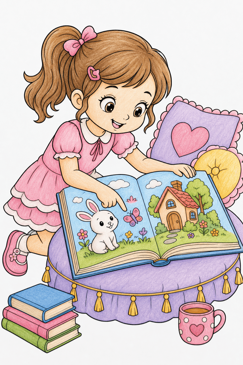 Girl Reading in a Cozy Nook colored-pencil colorized preview
