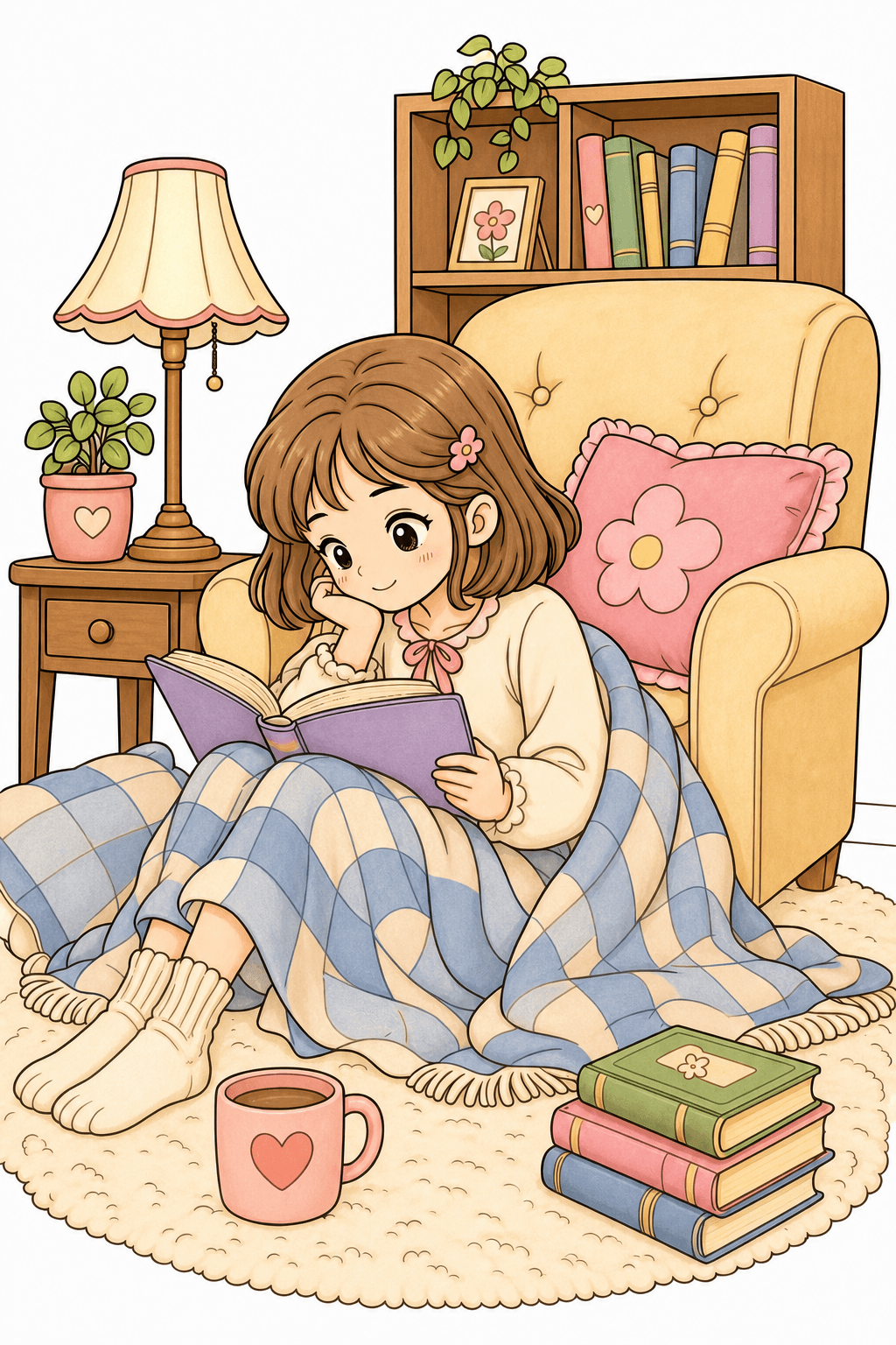 Girl Reading in a Cozy Armchair Nook storybook colorized preview