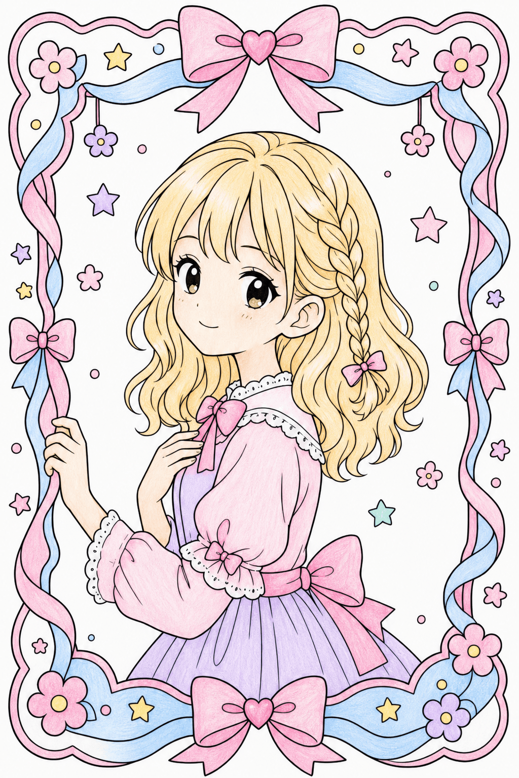 Girl Inside a Decorative Bow and Flower Frame colored-pencil colorized preview