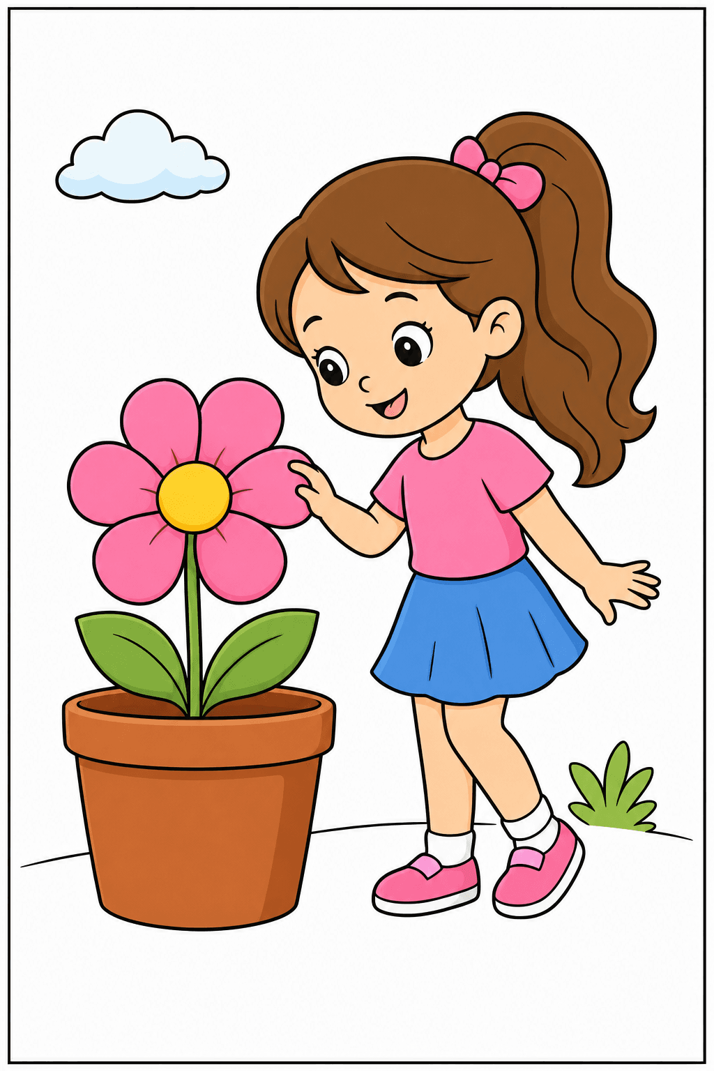Girl Touching a Potted Flower Coloring Page clean-digital colorized preview