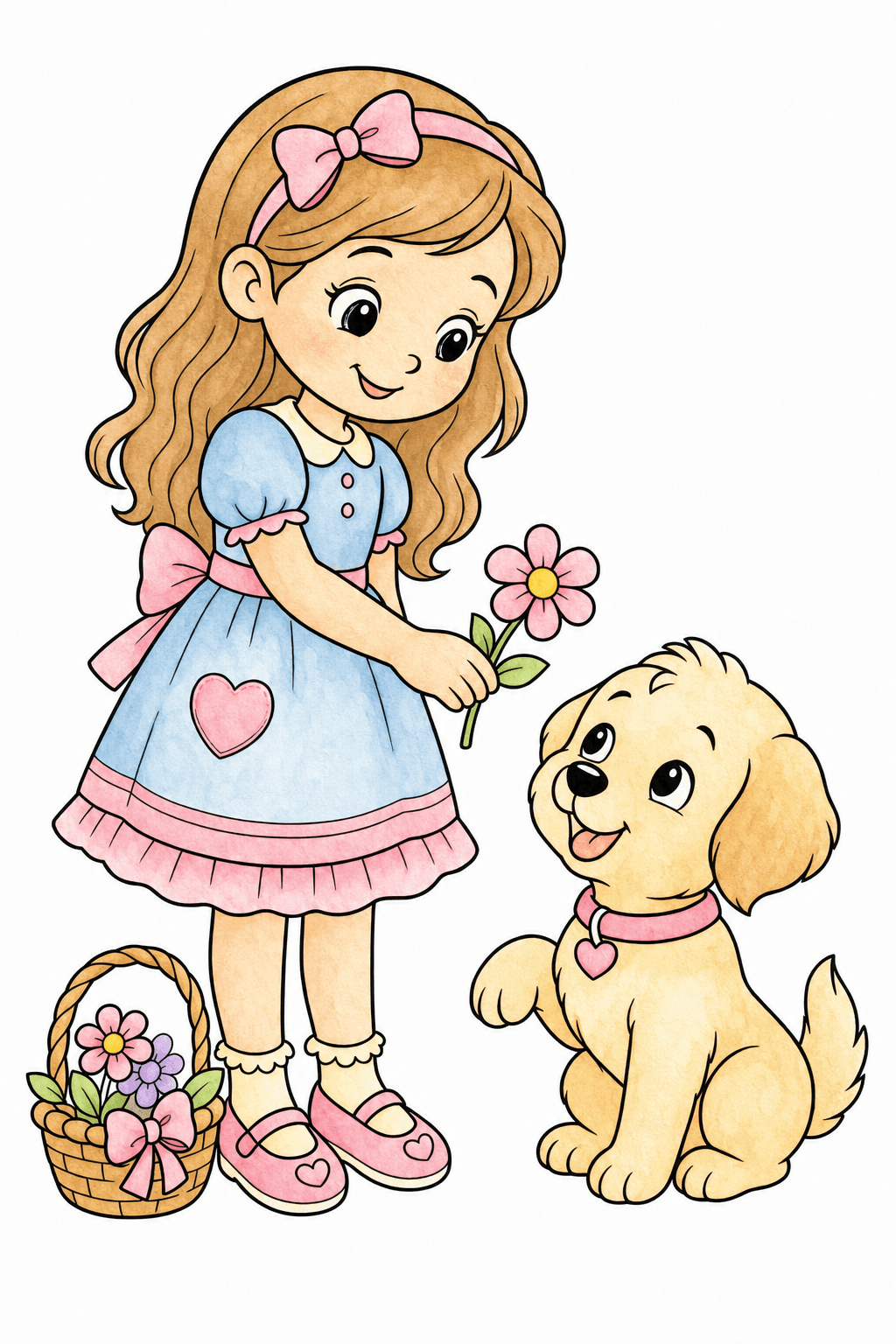 Girl Offering a Flower to a Puppy Coloring Page watercolor colorized preview