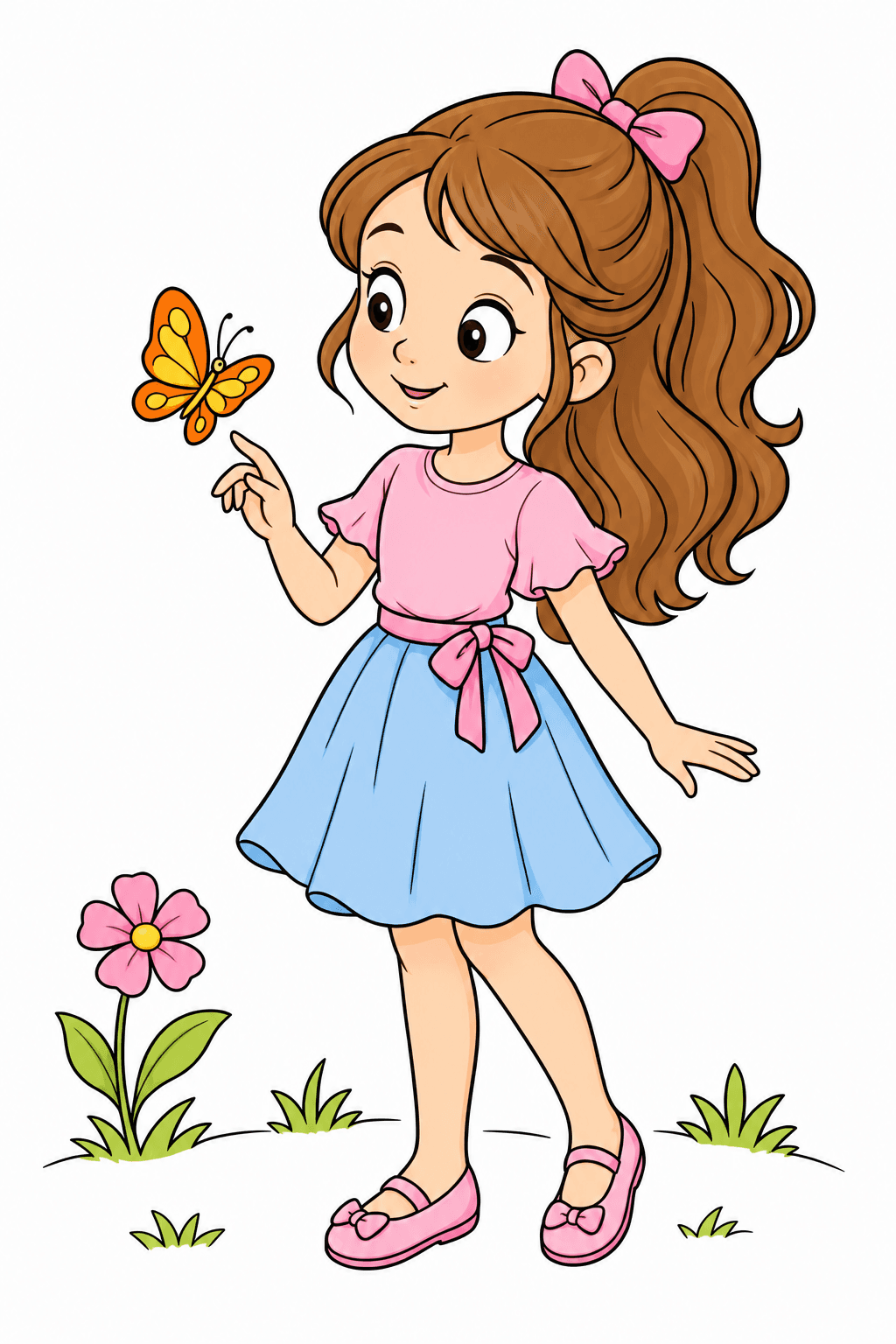 Girl Smiling at a Butterfly in the Garden clean-digital colorized preview