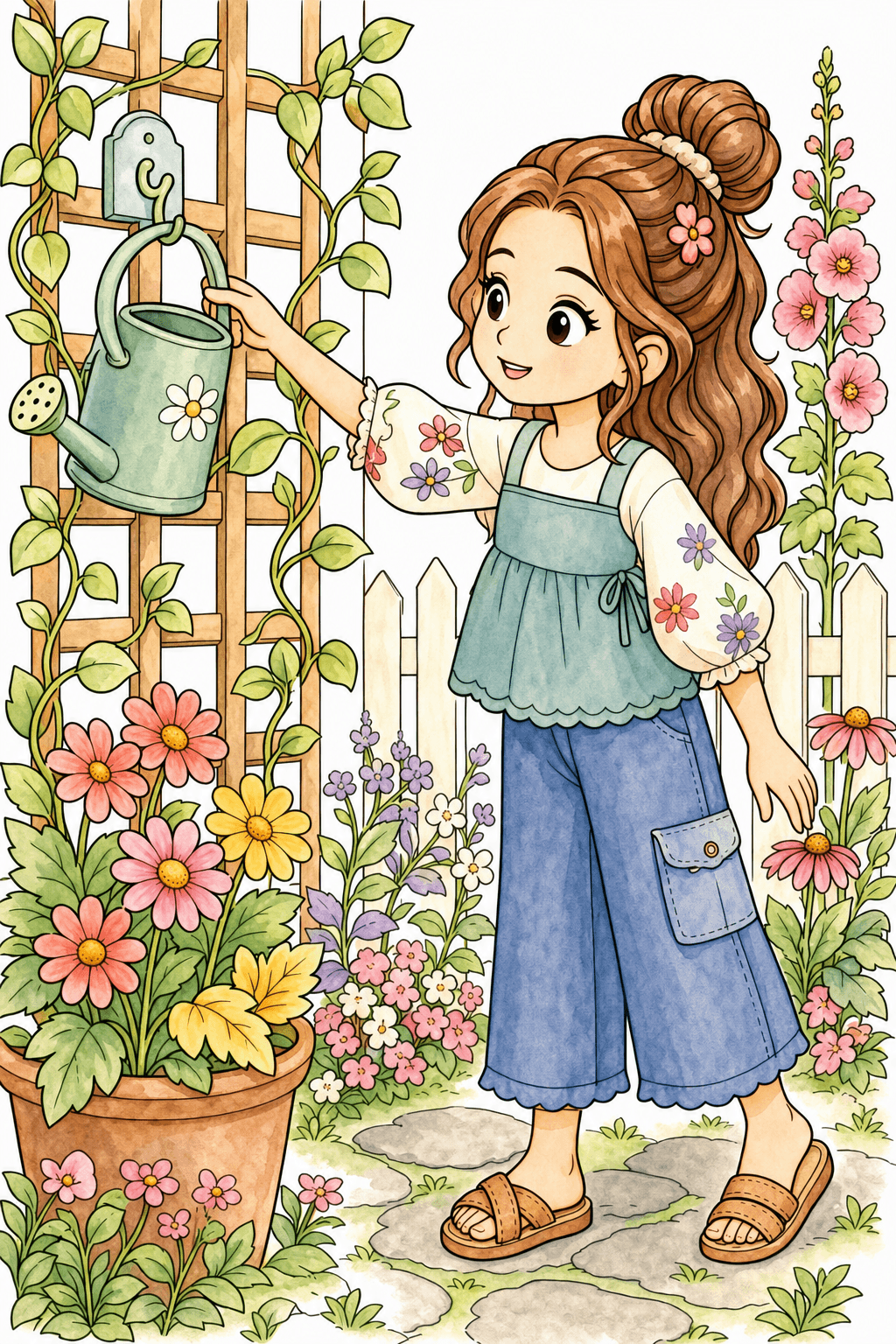 Girl Reaching for a Watering Can in the Garden watercolor colorized preview