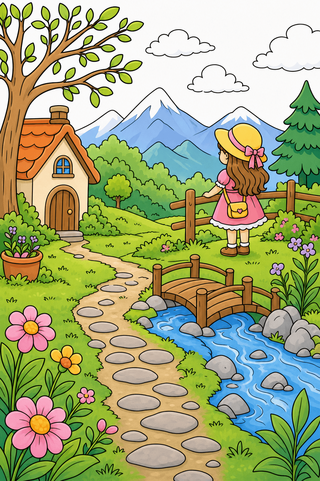 Girl Overlooking a Cottage and Stream clean-digital colorized preview