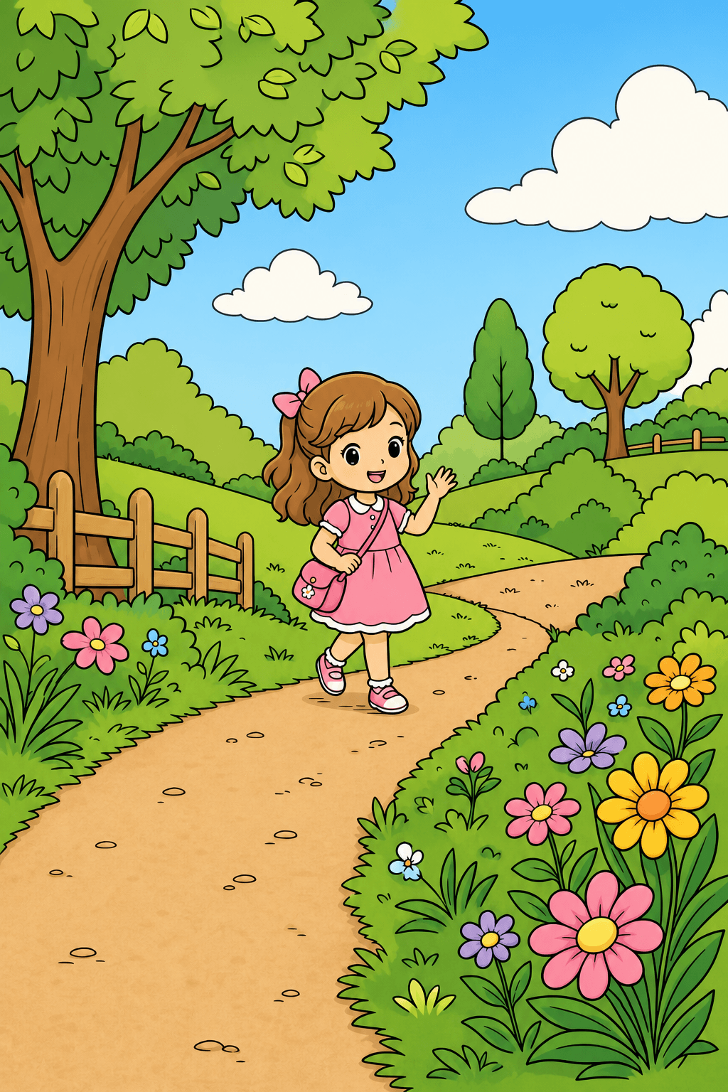 Girl Waving Along a Flower-Lined Path clean-digital colorized preview
