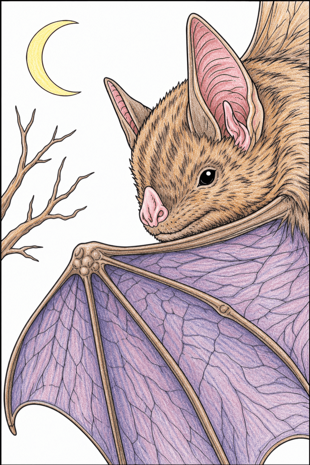 Close-Up Halloween Bat with Crescent Moon colored-pencil colorized preview