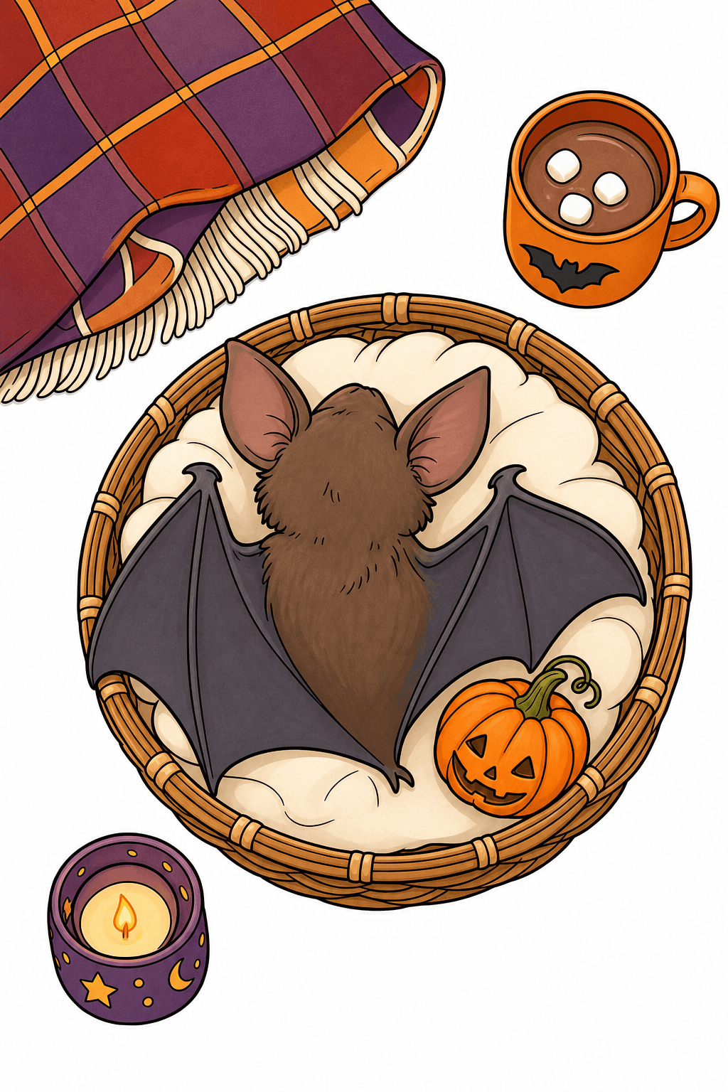 Cozy Halloween Bat Resting in a Basket clean-digital colorized preview