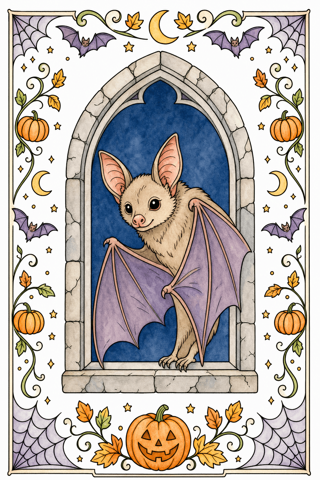 Halloween Bat in a Gothic Arch Border watercolor colorized preview