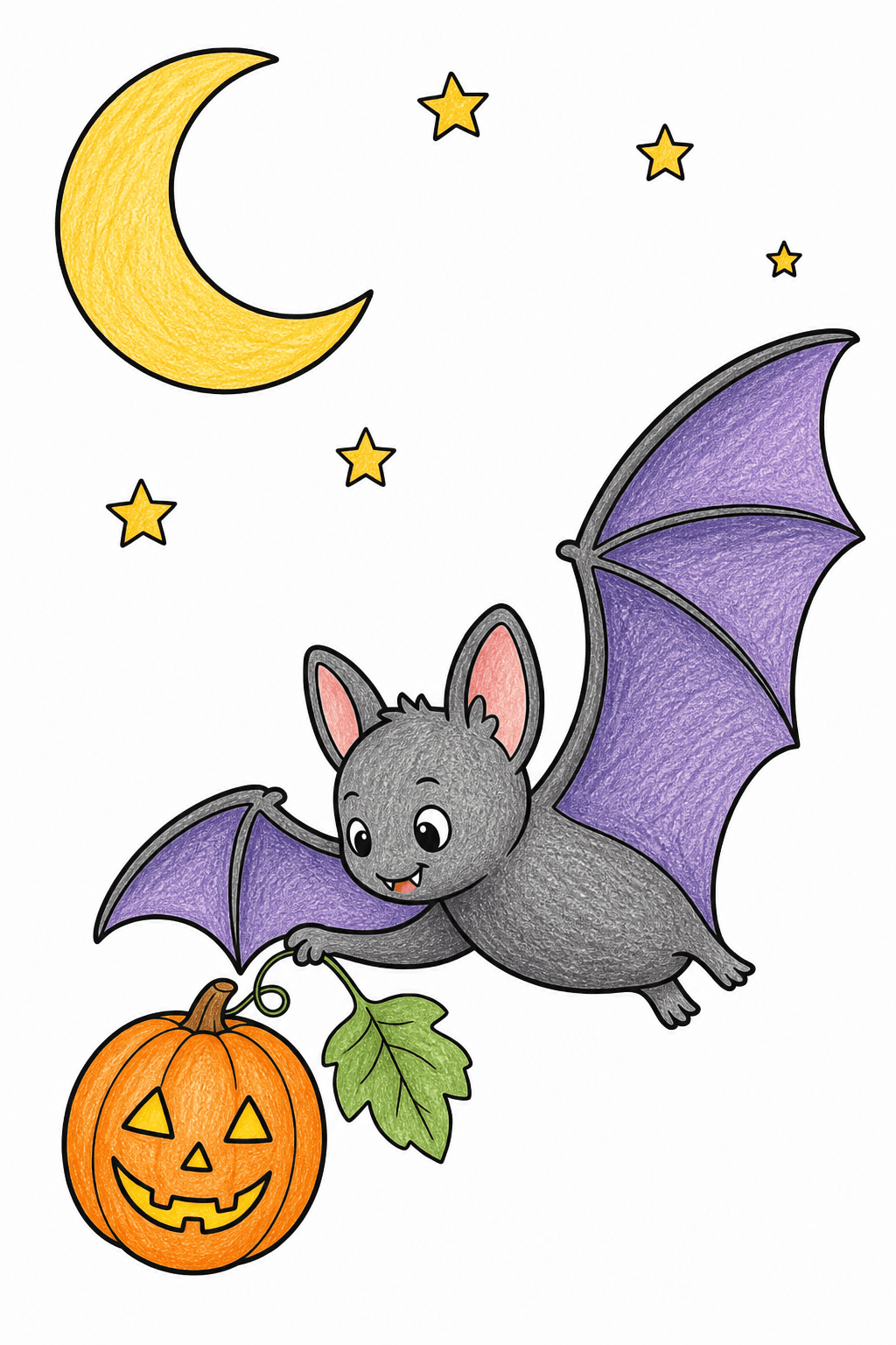 Bat and Jack-o'-Lantern Under a Crescent Moon colored-pencil colorized preview