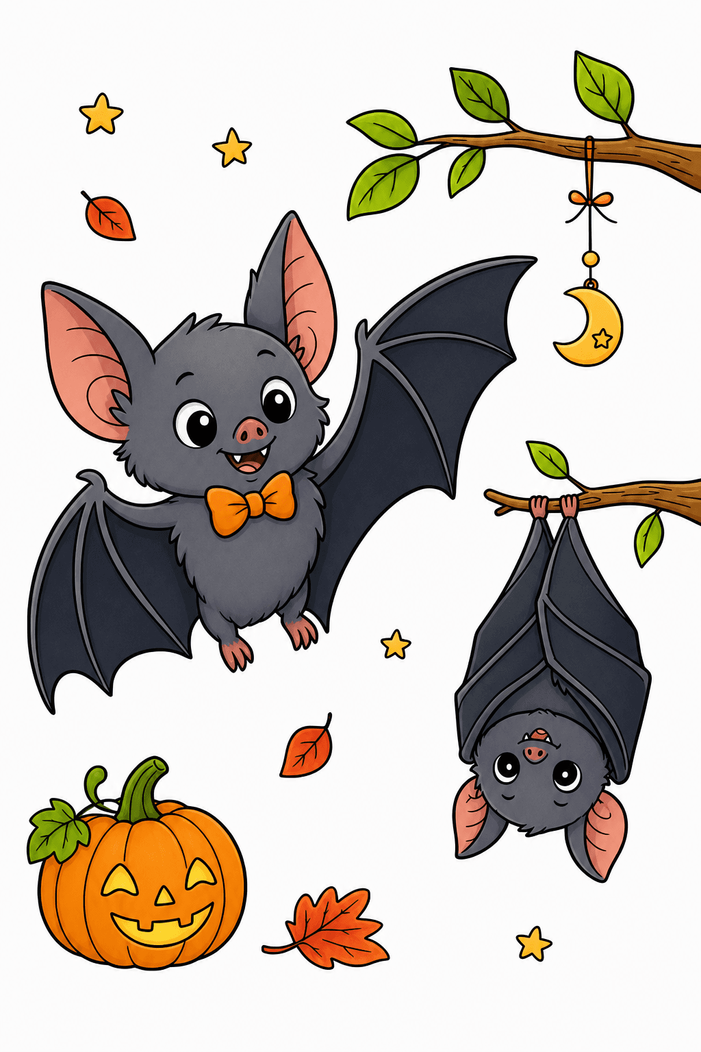 Halloween Bat Pair with Pumpkin and Moon Ornament clean-digital colorized preview