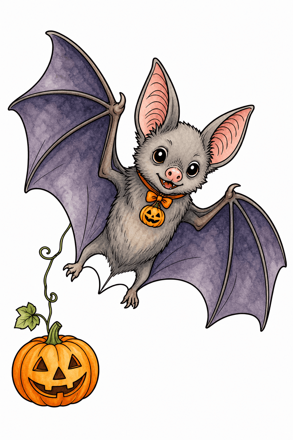 Smiling Bat Wearing a Pumpkin Medallion watercolor colorized preview