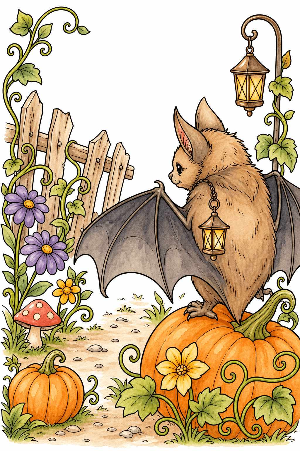 Halloween Bat in a Pumpkin Garden watercolor colorized preview