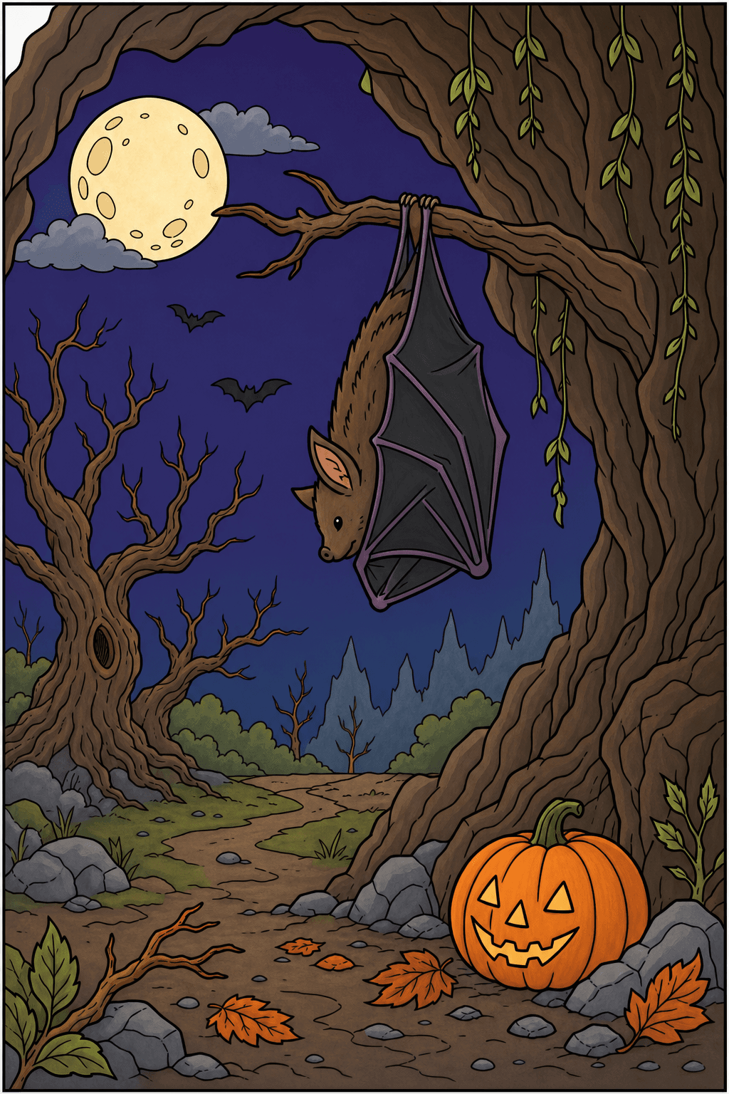 Hanging Bat in a Moonlit Forest clean-digital colorized preview