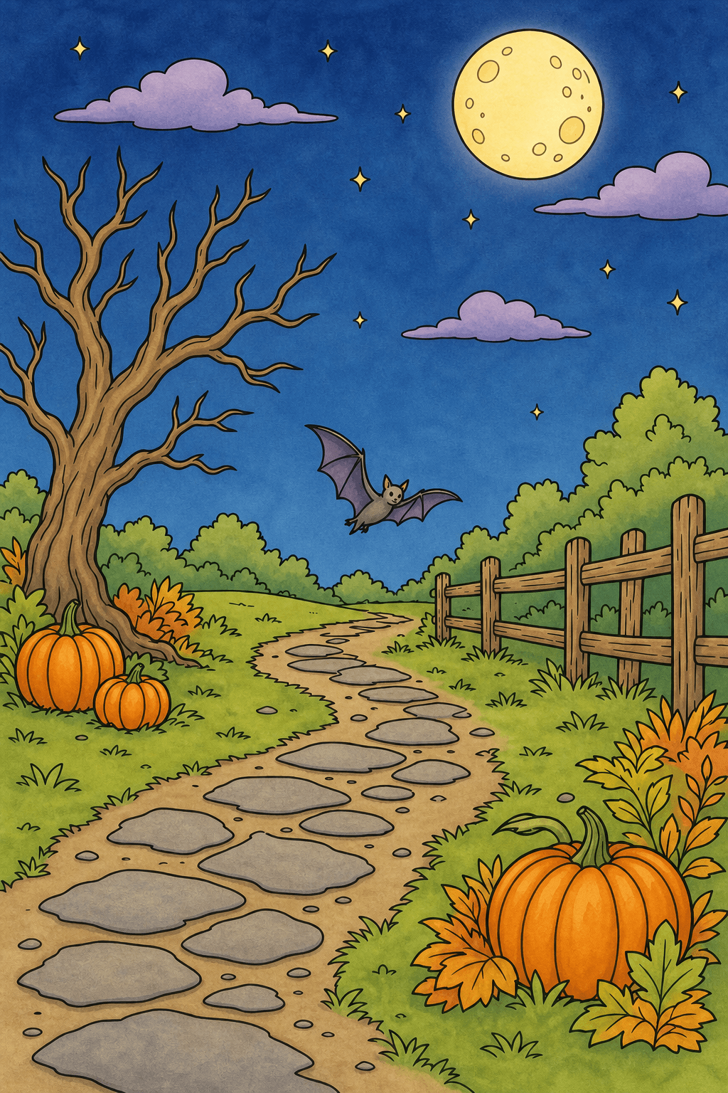 Bat Flying Over a Moonlit Halloween Path storybook colorized preview