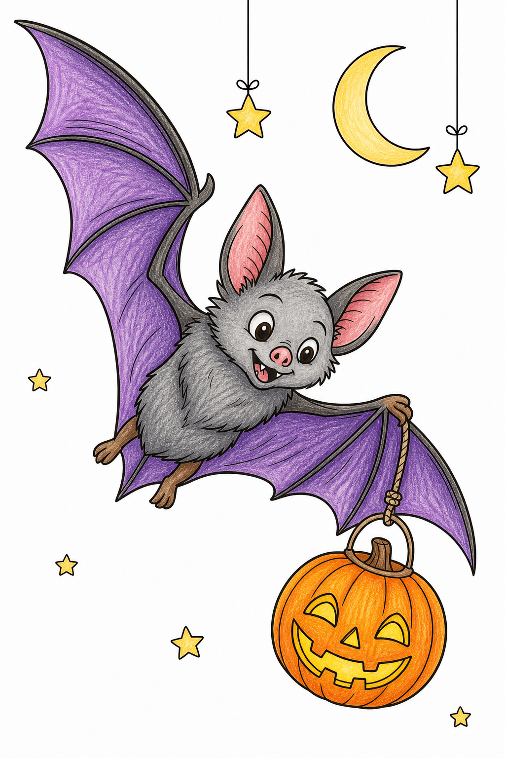 Bat Carrying a Jack-o'-Lantern Bucket colored-pencil colorized preview
