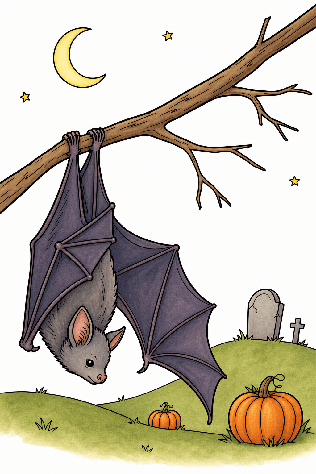 Bat Hanging from a Branch Above a Graveyard storybook colorized preview