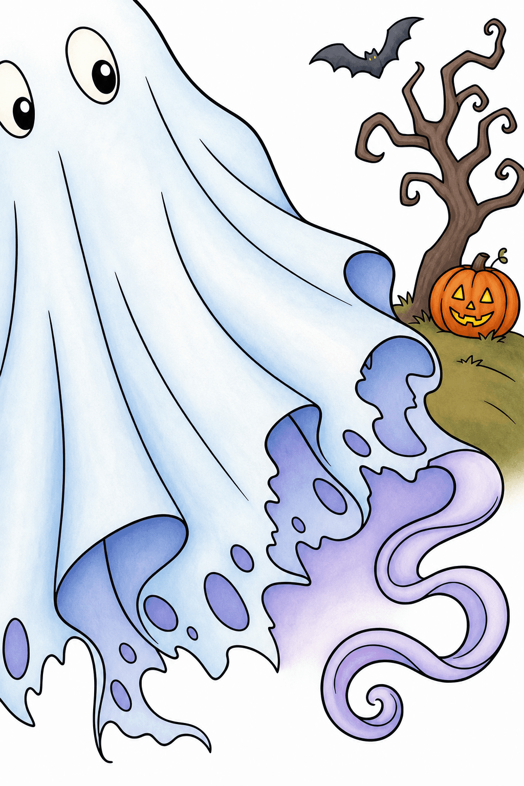 Close-Up Ghost with a Pumpkin and Twisted Tree storybook colorized preview