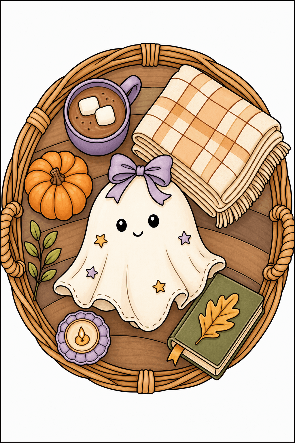 Cozy Ghost Surrounded by Autumn Basket Items storybook colorized preview