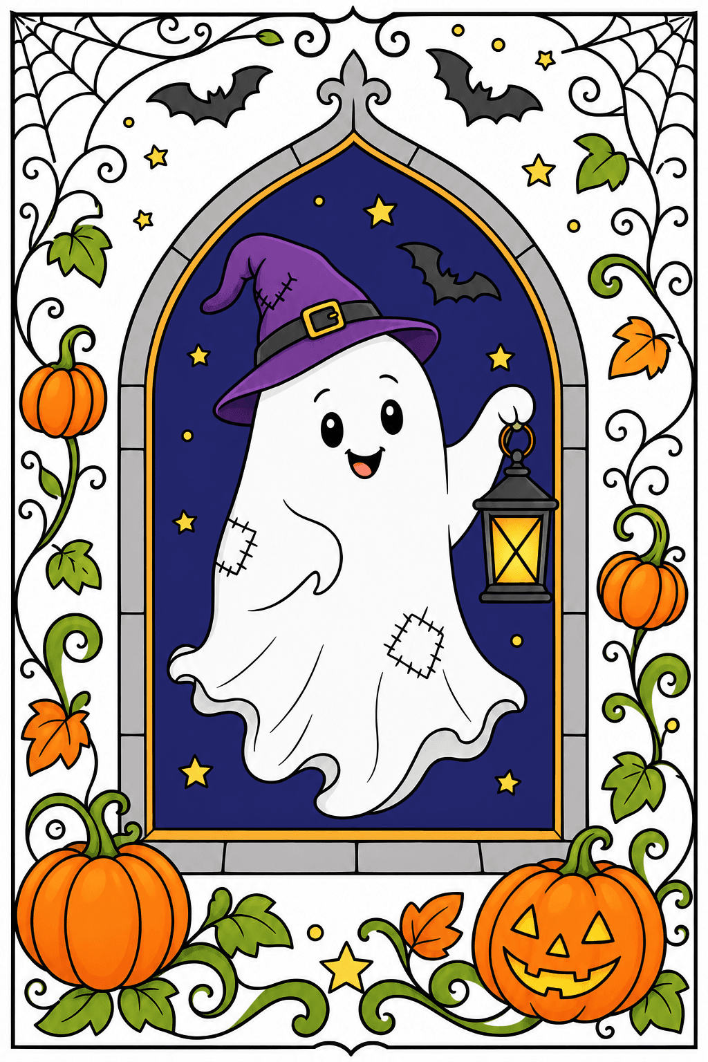 Ghost with a Lantern in an Arched Halloween Frame clean-digital colorized preview