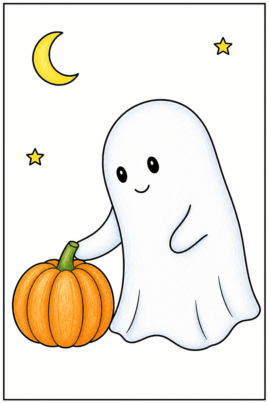Friendly Ghost Touching a Pumpkin colored-pencil colorized preview