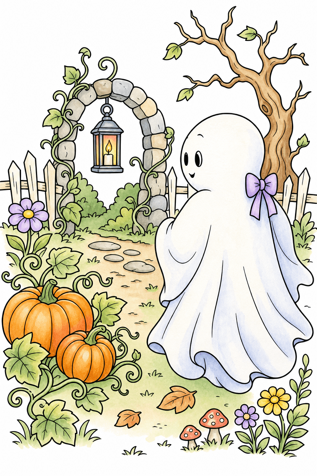 Ghost Wandering Through a Pumpkin Garden watercolor colorized preview