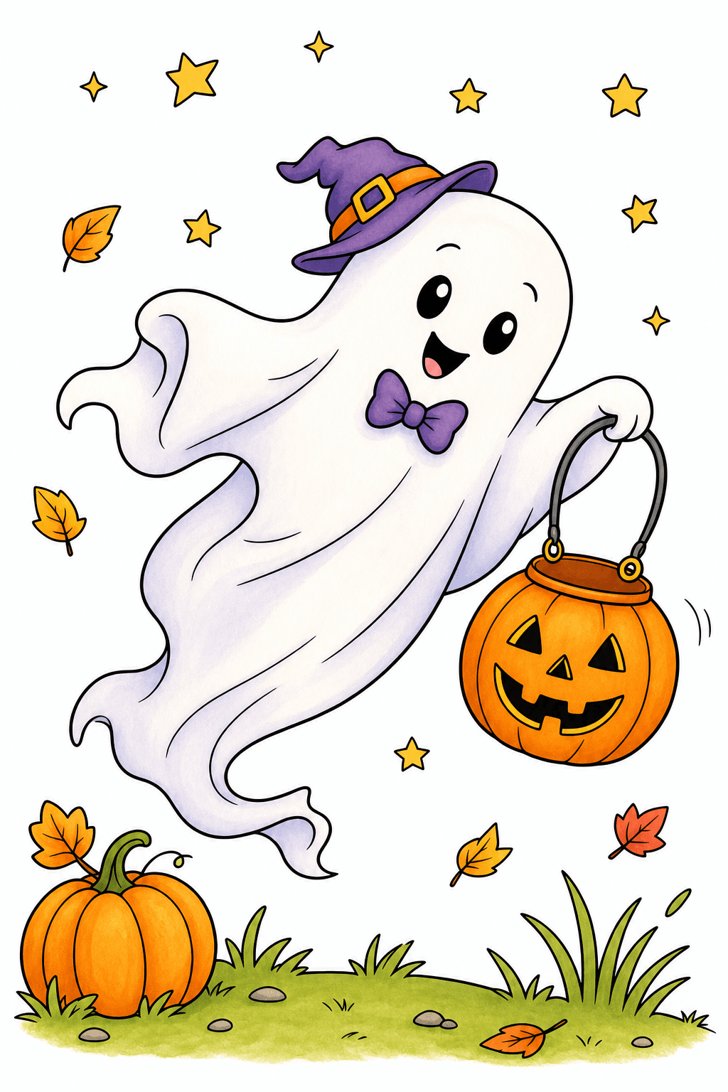 Ghost with a Witch Hat and Pumpkin Bucket storybook colorized preview