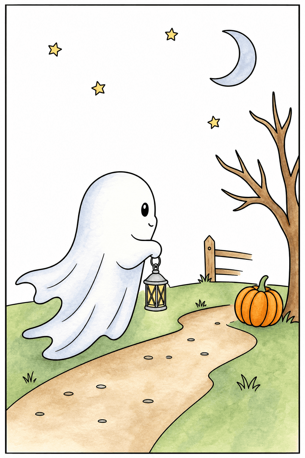 Ghost Carrying a Lantern Along a Moonlit Path watercolor colorized preview