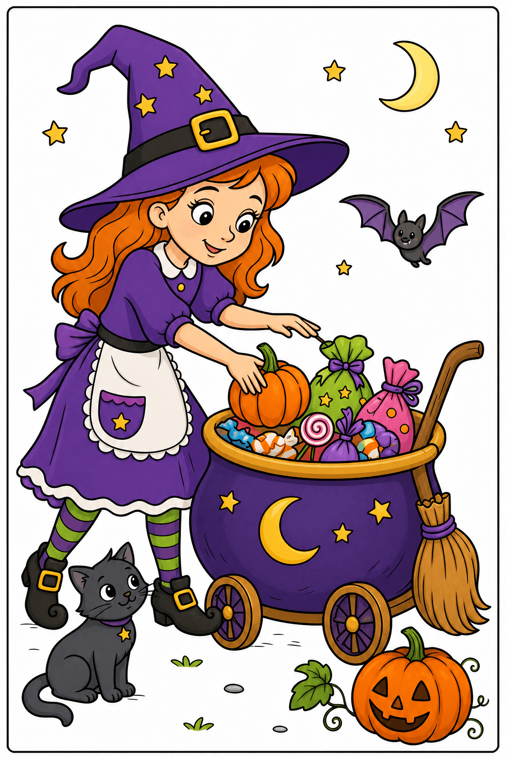 Witch and Treat-Filled Cauldron Cart Coloring Page clean-digital colorized preview