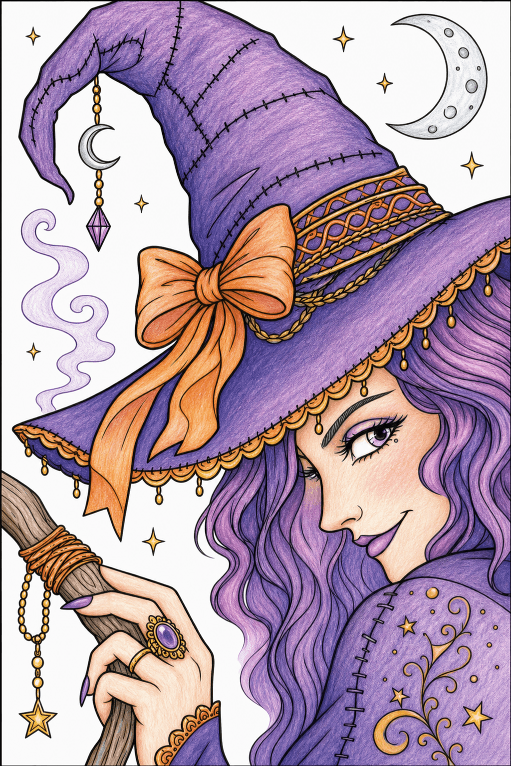 Witch with an Ornate Pointed Hat colored-pencil colorized preview