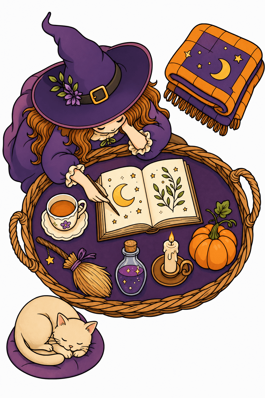 Cozy Witch Studying a Spellbook clean-digital colorized preview