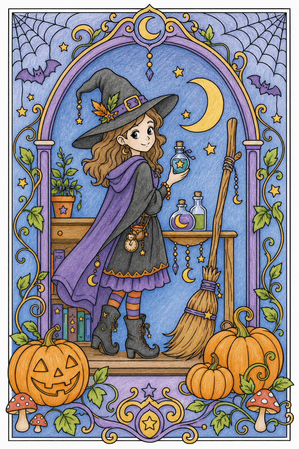 Witch in an Ornate Halloween Arch Coloring Page colored-pencil colorized preview