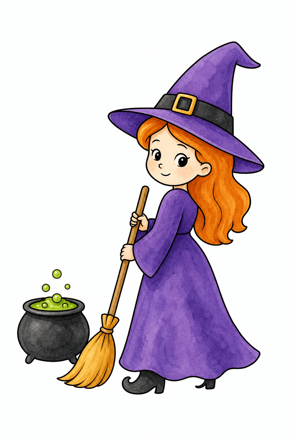 Easy Witch with Broom and Cauldron Coloring Page watercolor colorized preview