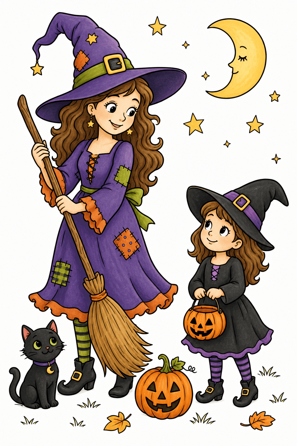 Witch Family Halloween Coloring Page storybook colorized preview