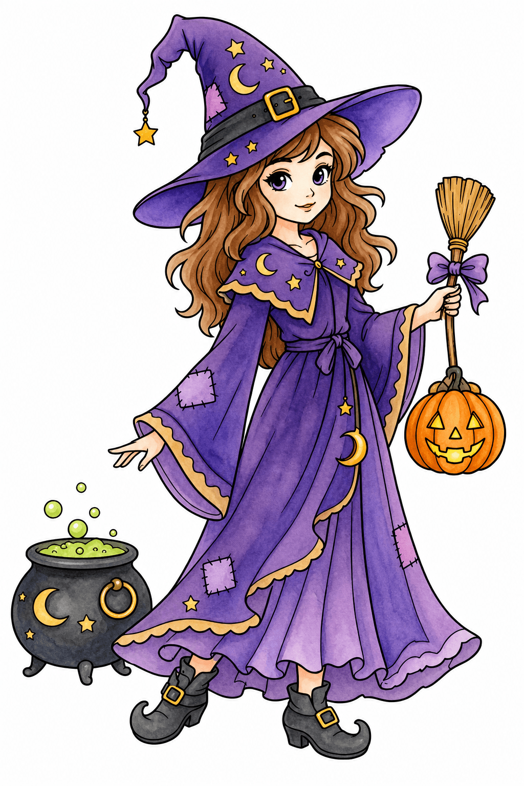 Witch with a Cauldron and Pumpkin Pail watercolor colorized preview