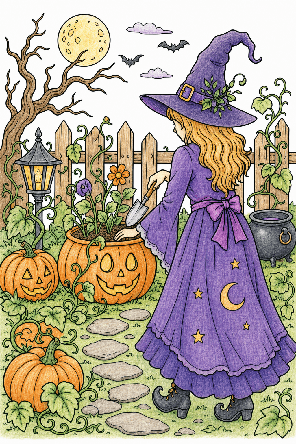 Witch Tending a Halloween Pumpkin Garden colored-pencil colorized preview