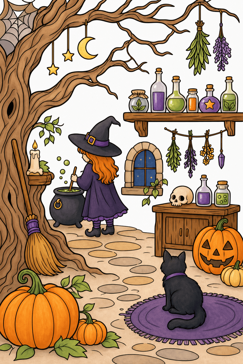 Witch Stirring a Cauldron in a Halloween Room storybook colorized preview