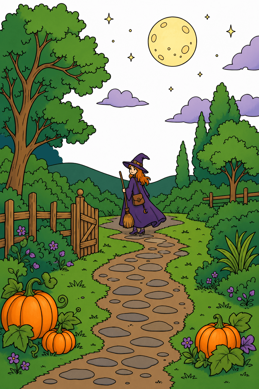 Witch Walking Along a Moonlit Path clean-digital colorized preview
