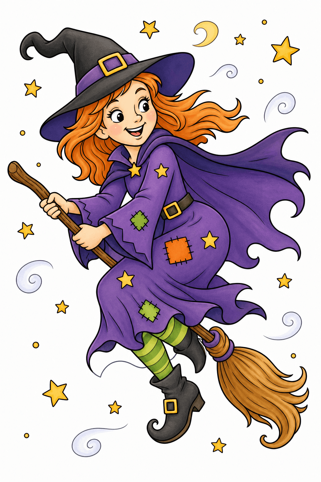 Smiling Witch Riding a Broom storybook colorized preview