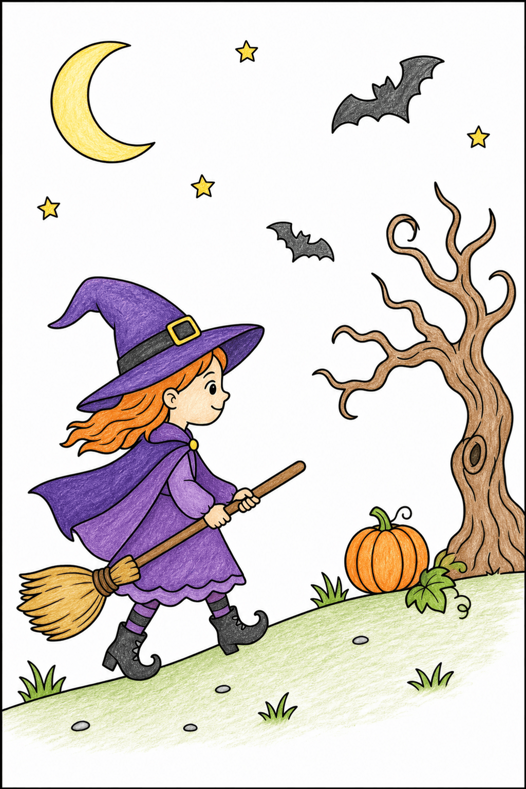 Witch Riding a Broom by a Twisted Tree colored-pencil colorized preview