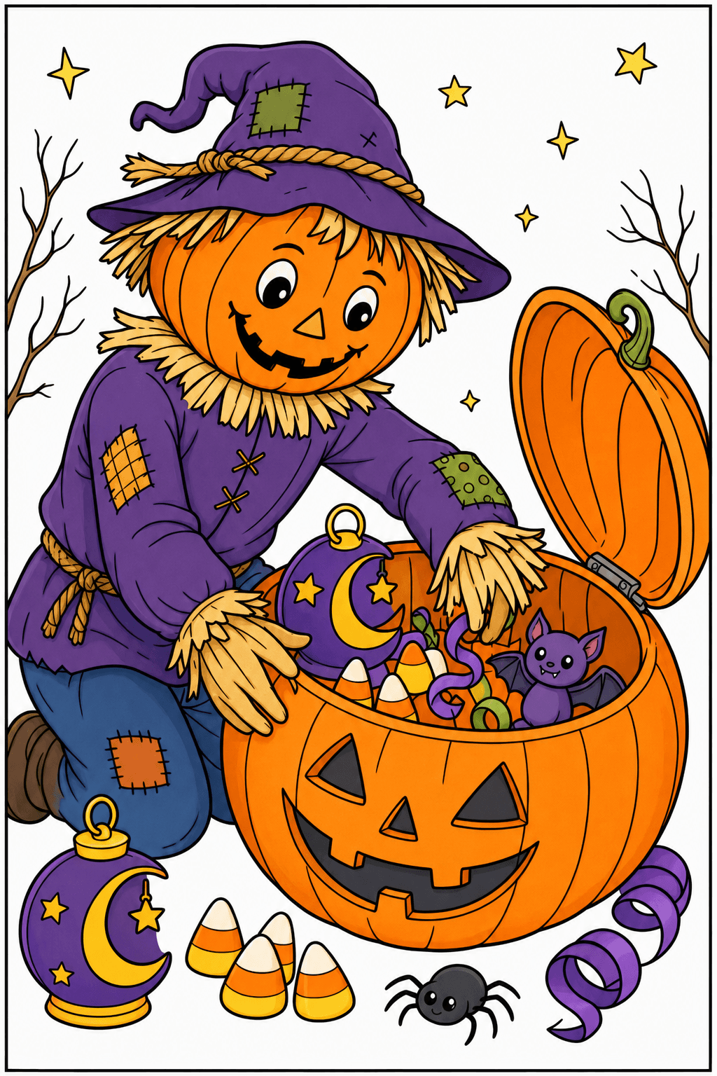 Pumpkin Scarecrow with a Halloween Treat Bucket clean-digital colorized preview