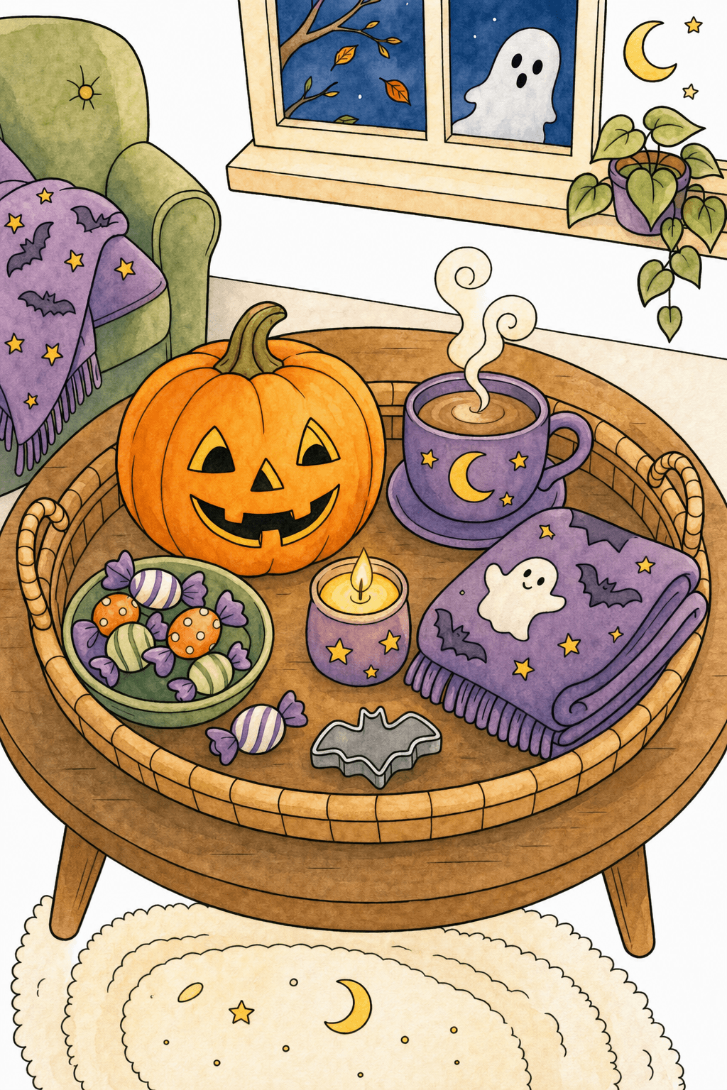 Cozy Halloween Coffee Table Scene watercolor colorized preview