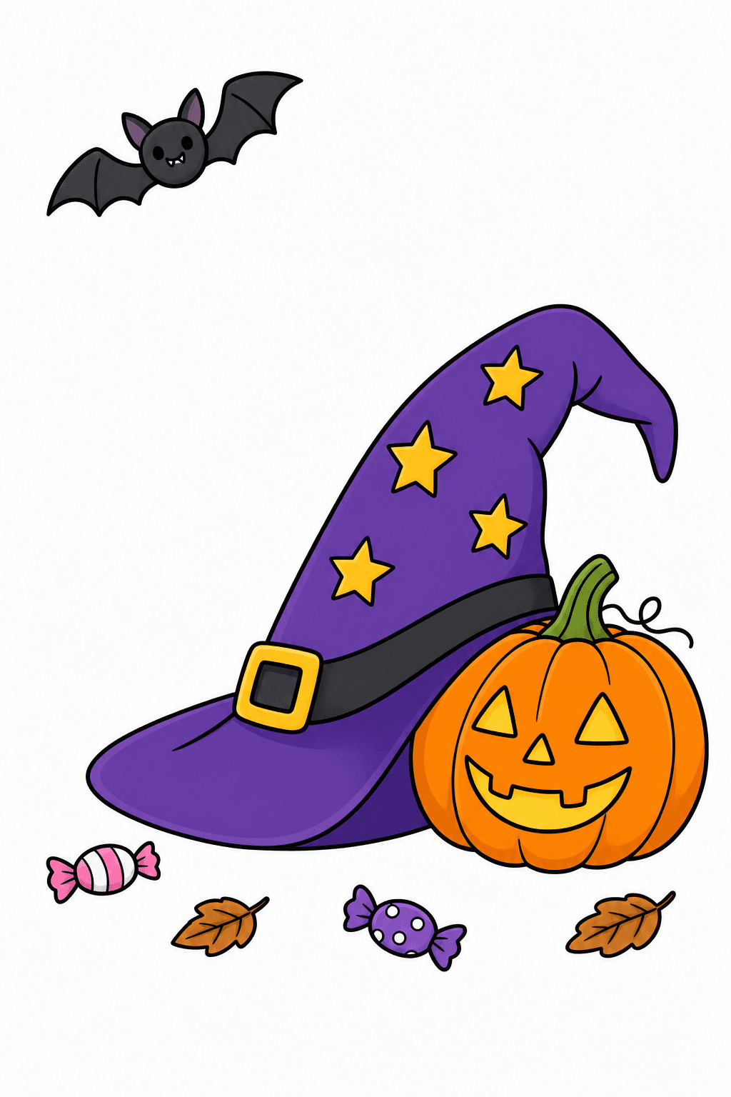 Witch Hat and Smiling Pumpkin Coloring Page clean-digital colorized preview