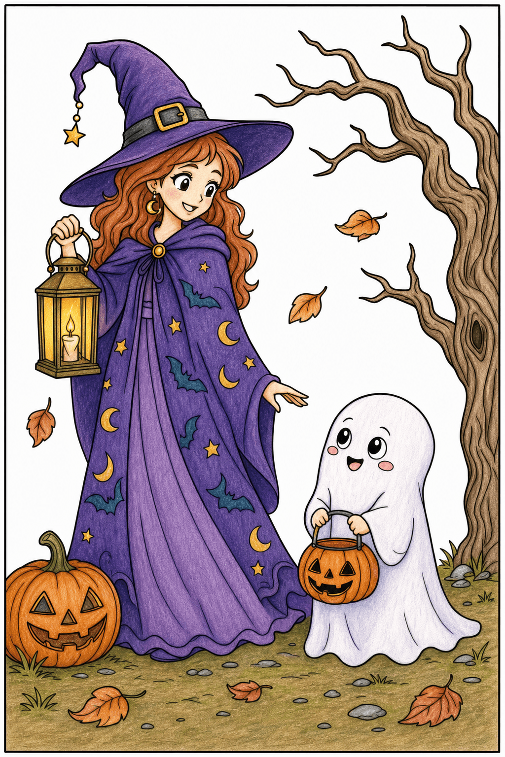 Witch and Friendly Ghost Trick-or-Treat Scene colored-pencil colorized preview