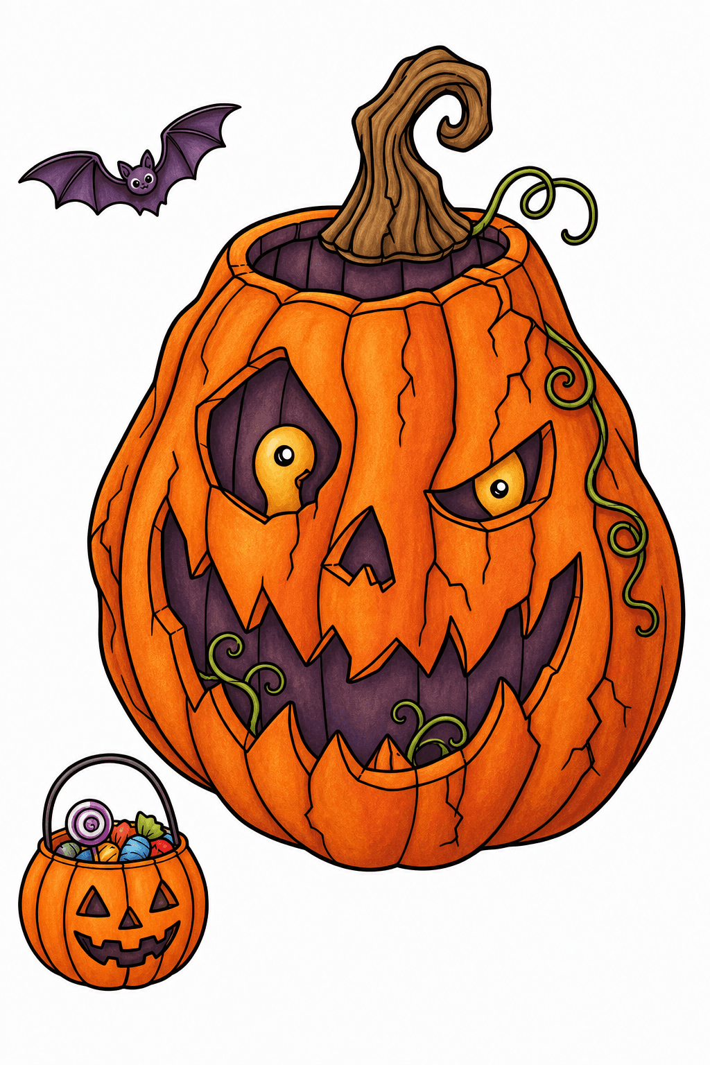 Spooky Jack-o'-Lantern with Bat and Candy Bucket storybook colorized preview