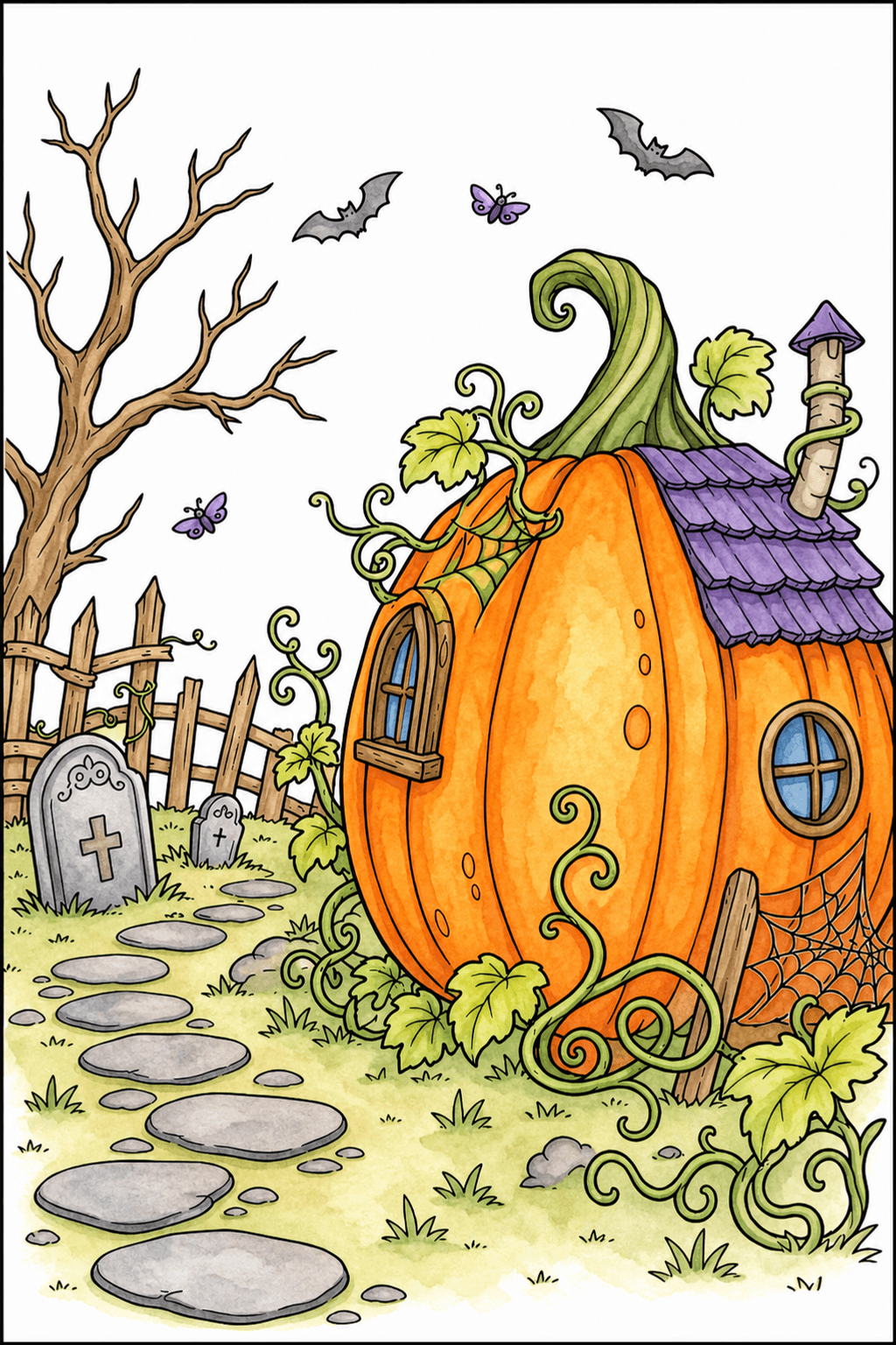 Pumpkin Cottage in a Spooky Halloween Garden watercolor colorized preview