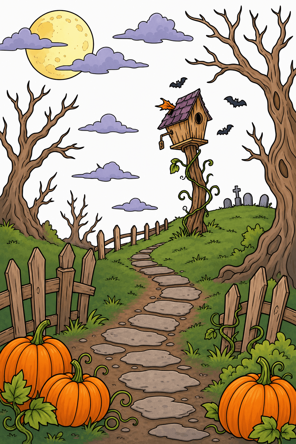 Moonlit Pumpkin Path to a Birdhouse clean-digital colorized preview